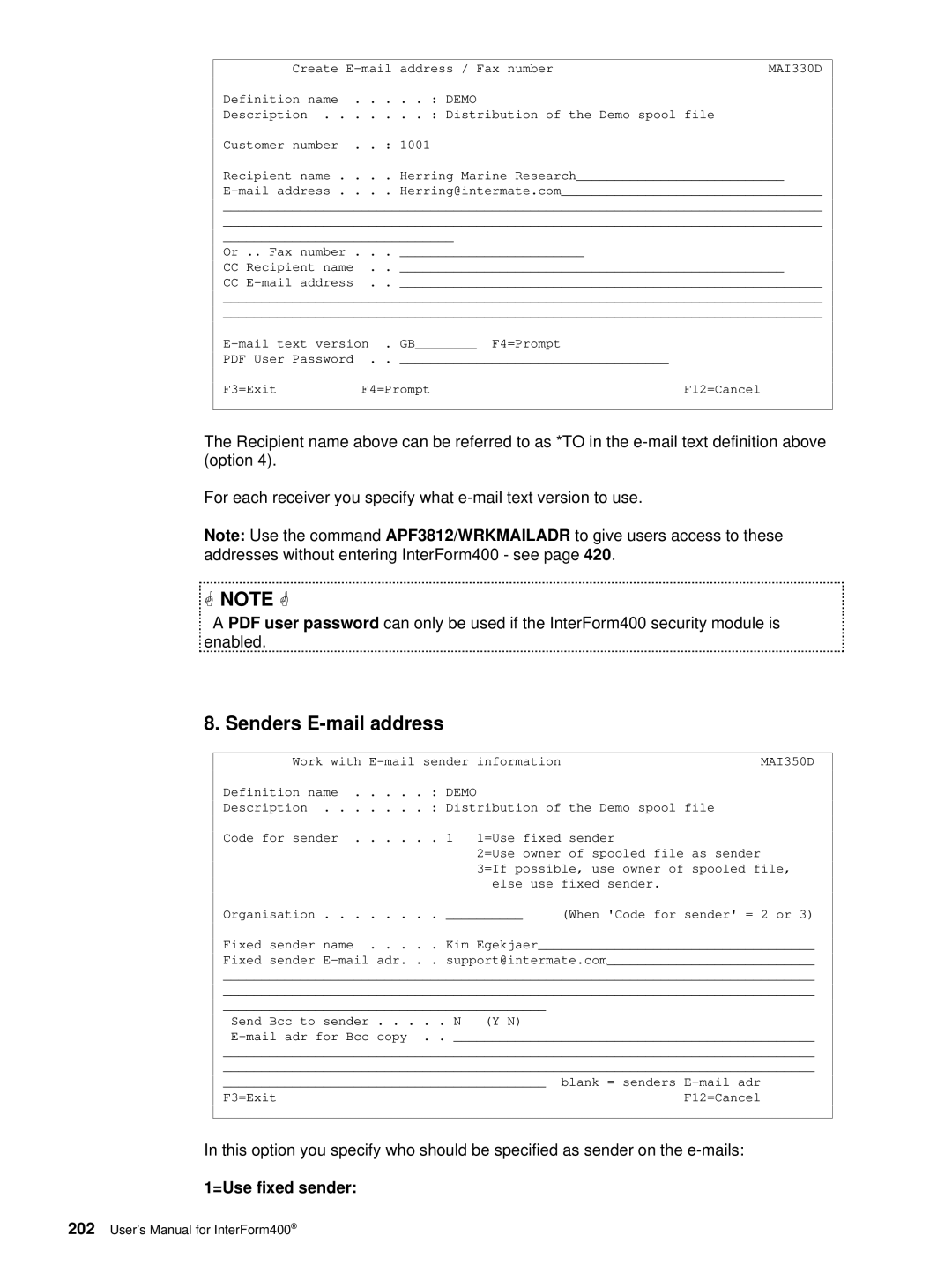 Intermate AS/400, i5, iSeries manual Senders E-mail address, =Use fixed sender, MAI350D 