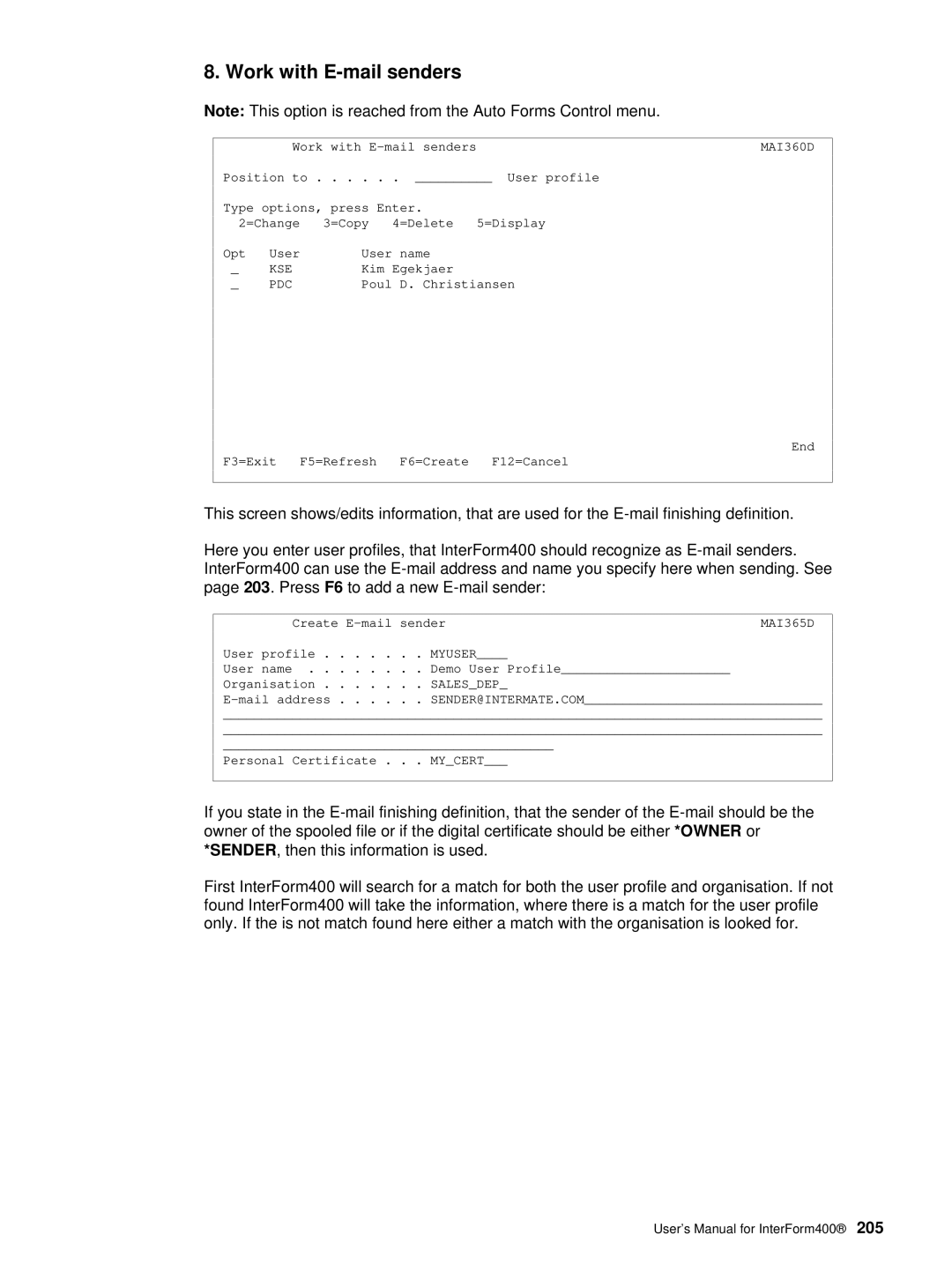 Intermate AS/400, i5, iSeries manual Work with E-mail senders 