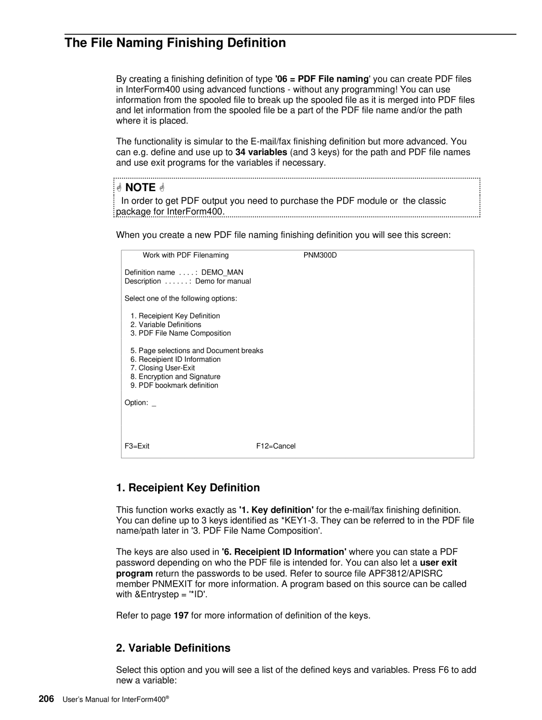 Intermate iSeries, i5, AS/400 manual File Naming Finishing Definition, Receipient Key Definition, Variable Definitions 