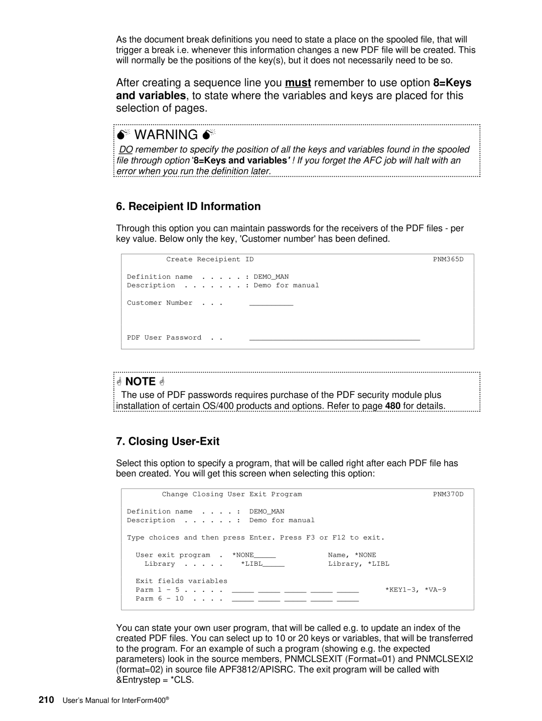 Intermate i5, AS/400, iSeries manual Receipient ID Information, Closing User-Exit, PNM365D 