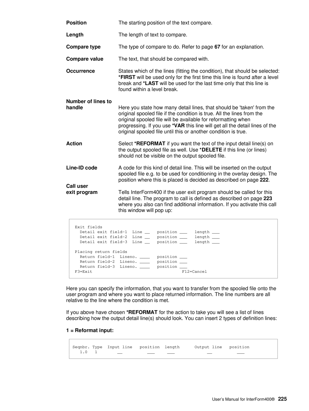 Intermate i5 Length, Compare type, Occurrence, Number of lines to Handle, Action, Line-ID code, Call user, Exit program 