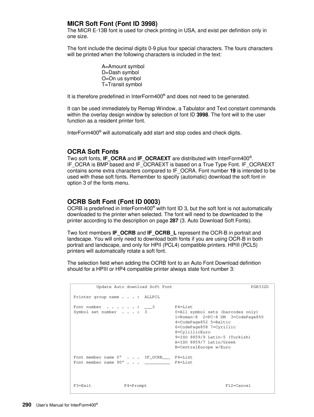 Intermate iSeries, i5, AS/400 manual Micr Soft Font Font ID, Ocra Soft Fonts, Ocrb Soft Font Font ID, PGR332D, Allpcl 