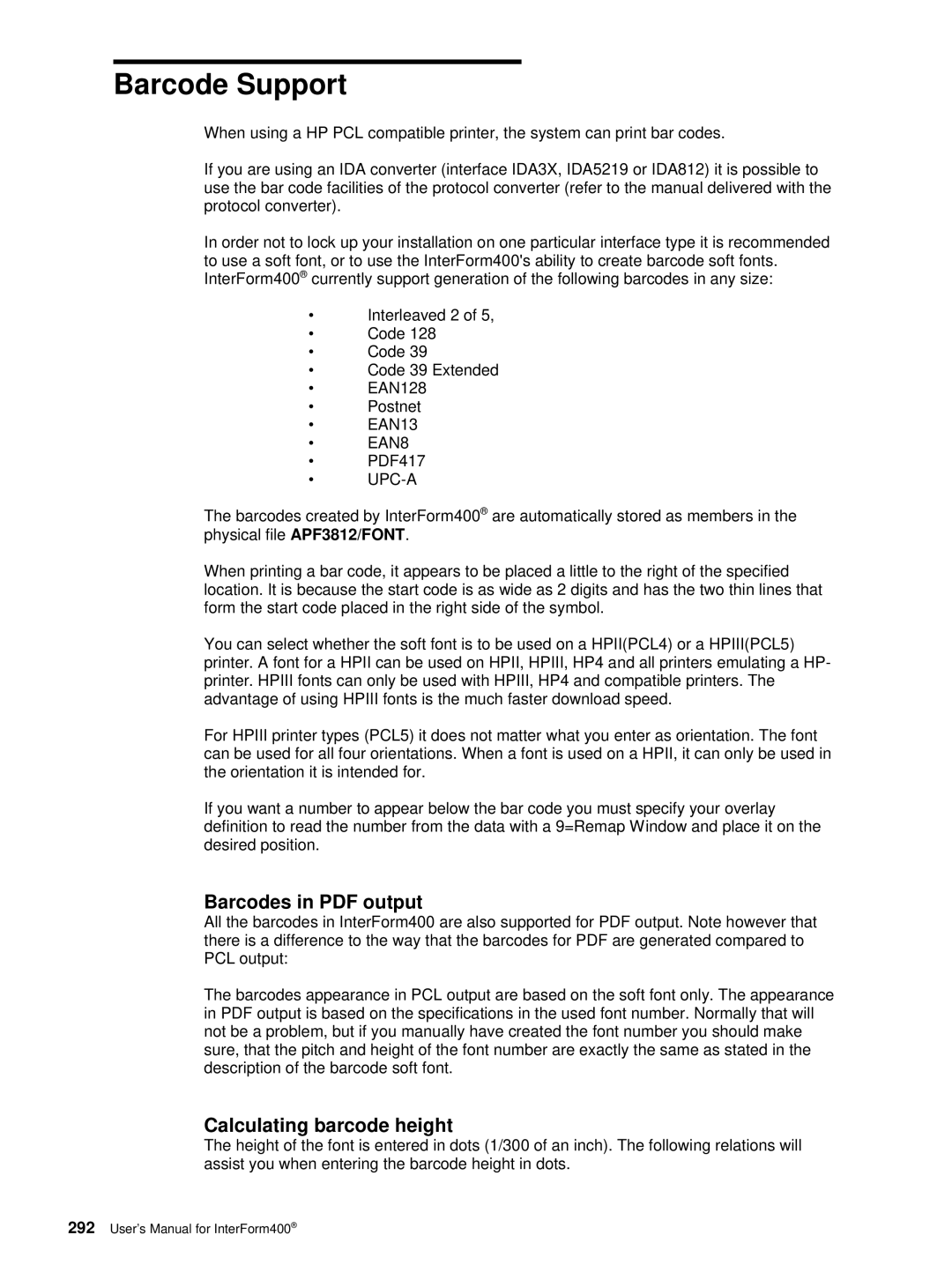 Intermate AS/400, i5, iSeries manual Barcode Support, Calculating barcode height 