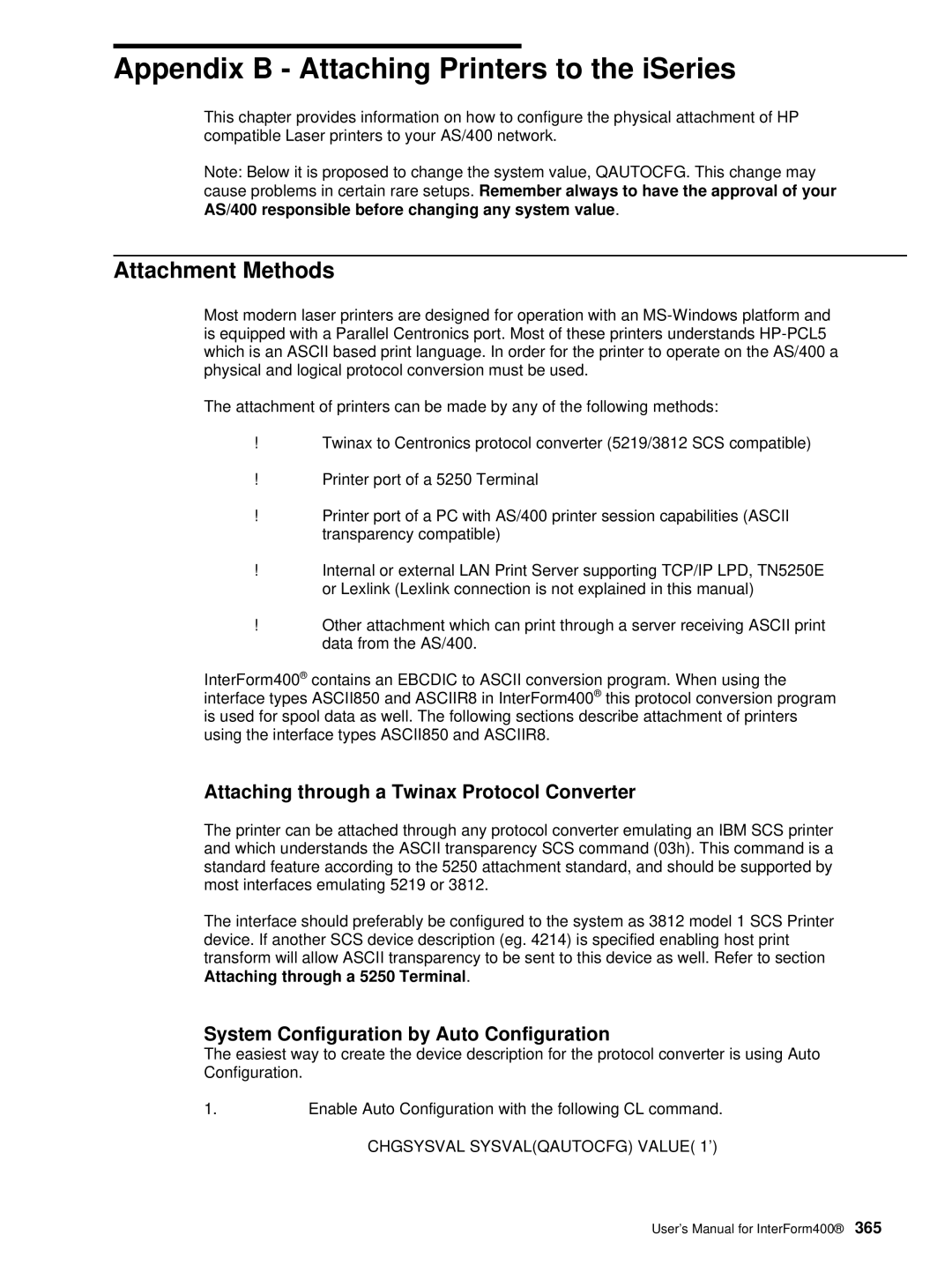 Intermate Appendix B Attaching Printers to the iSeries, Attachment Methods, System Configuration by Auto Configuration 