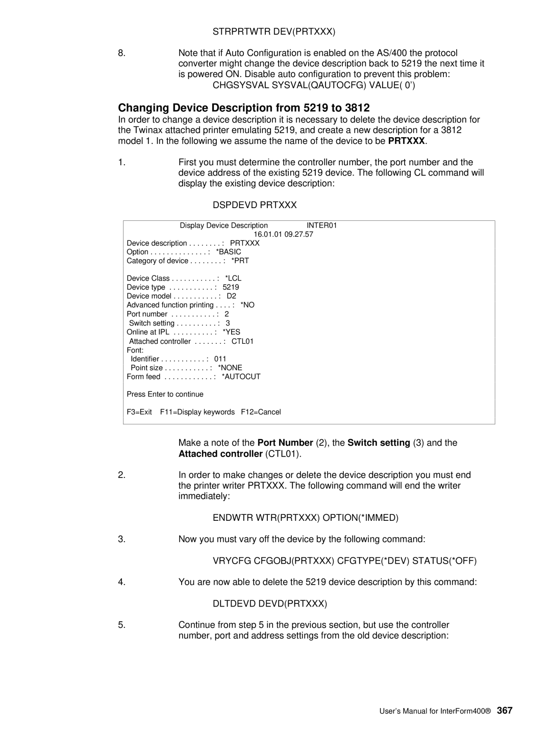 Intermate AS/400, i5 manual Changing Device Description from 5219 to, Make a note of the Port Number 2, the Switch setting 3 