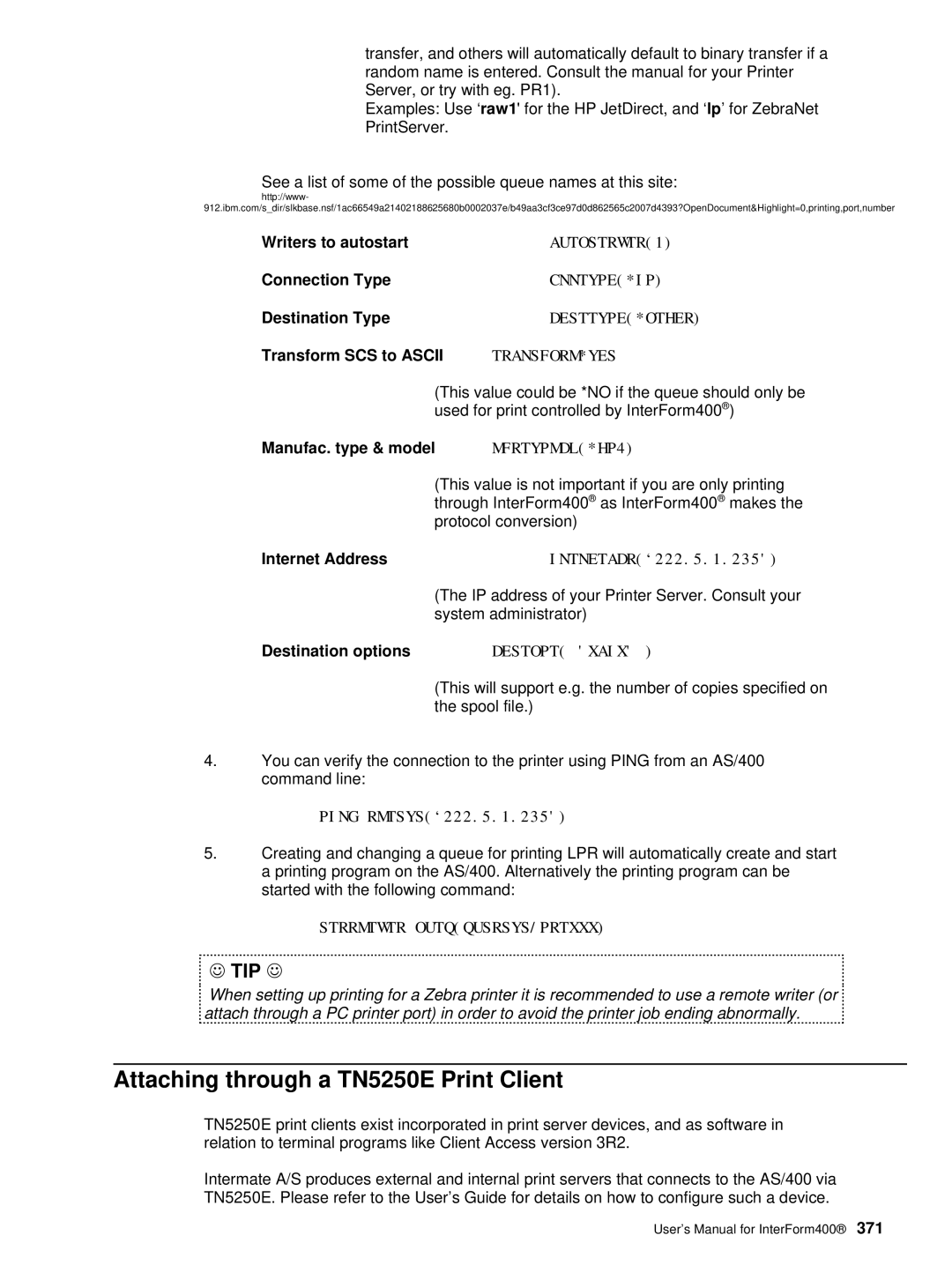 Intermate iSeries, i5, AS/400 manual Attaching through a TN5250E Print Client 