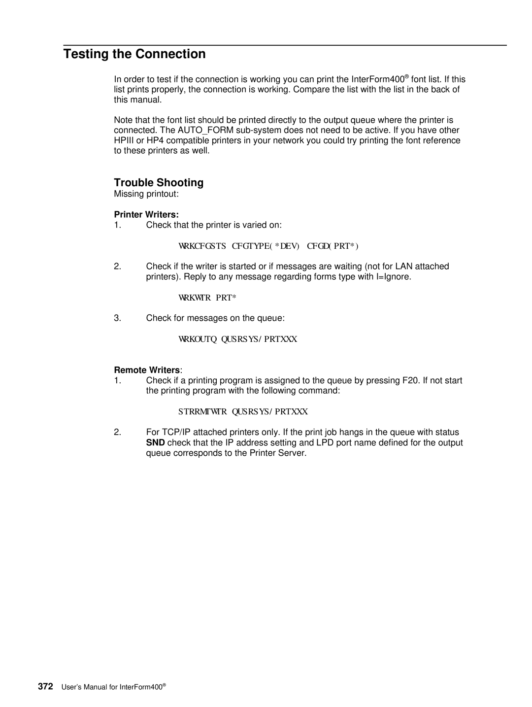 Intermate i5, AS/400, iSeries manual Testing the Connection, Trouble Shooting, Printer Writers, Remote Writers 