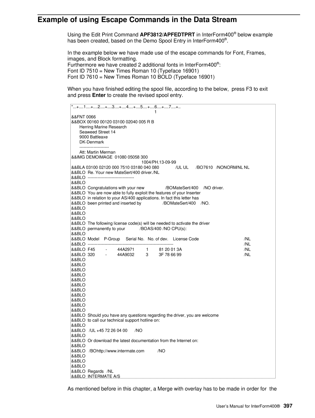 Intermate AS/400, i5, iSeries manual Example of using Escape Commands in the Data Stream 