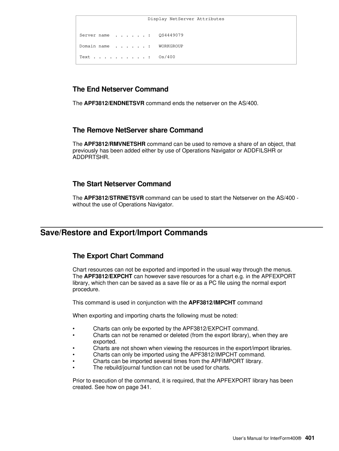 Intermate iSeries, i5 manual Save/Restore and Export/Import Commands, End Netserver Command, Remove NetServer share Command 