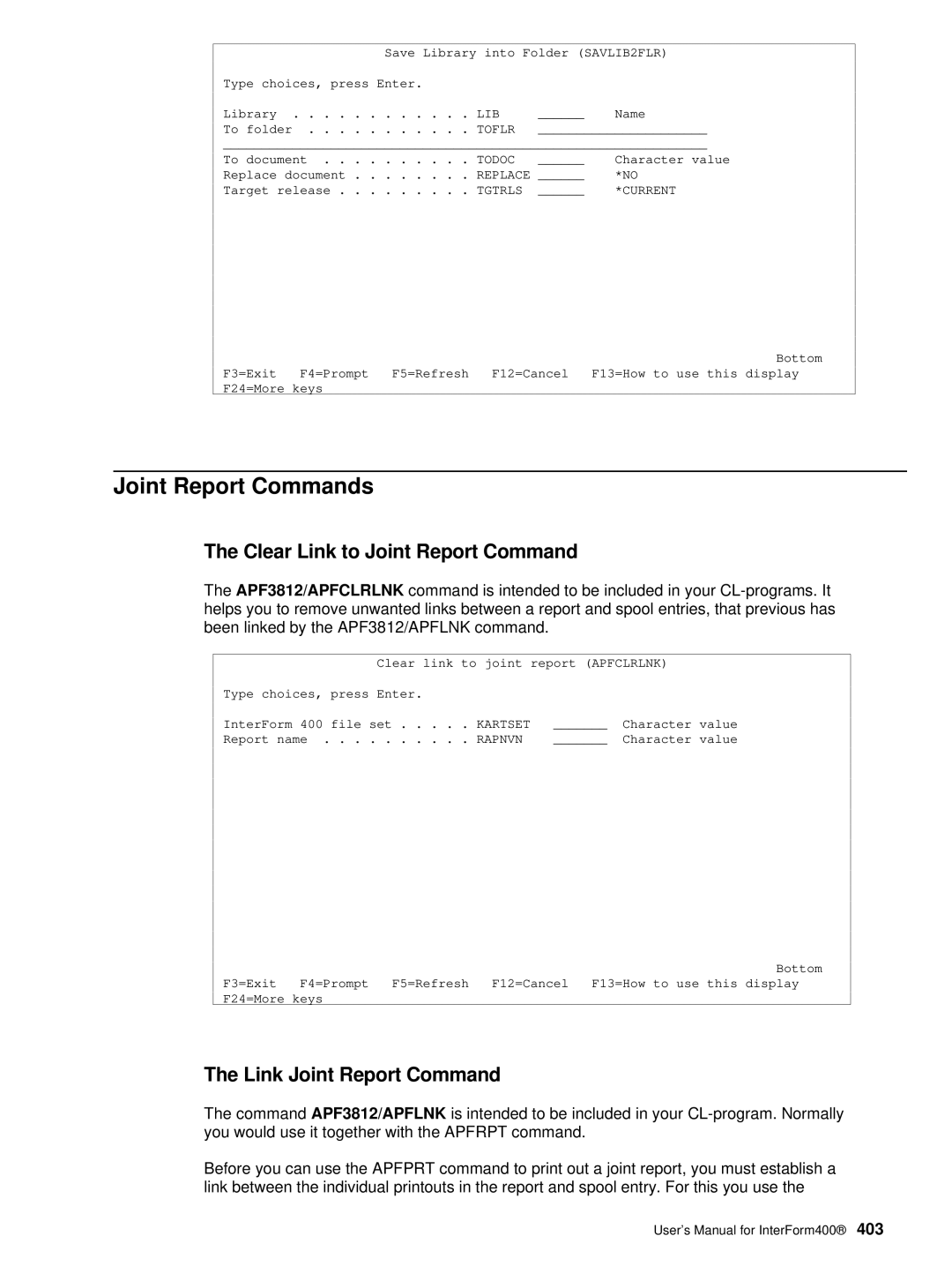 Intermate AS/400, i5, iSeries manual Joint Report Commands, Clear Link to Joint Report Command, Link Joint Report Command 