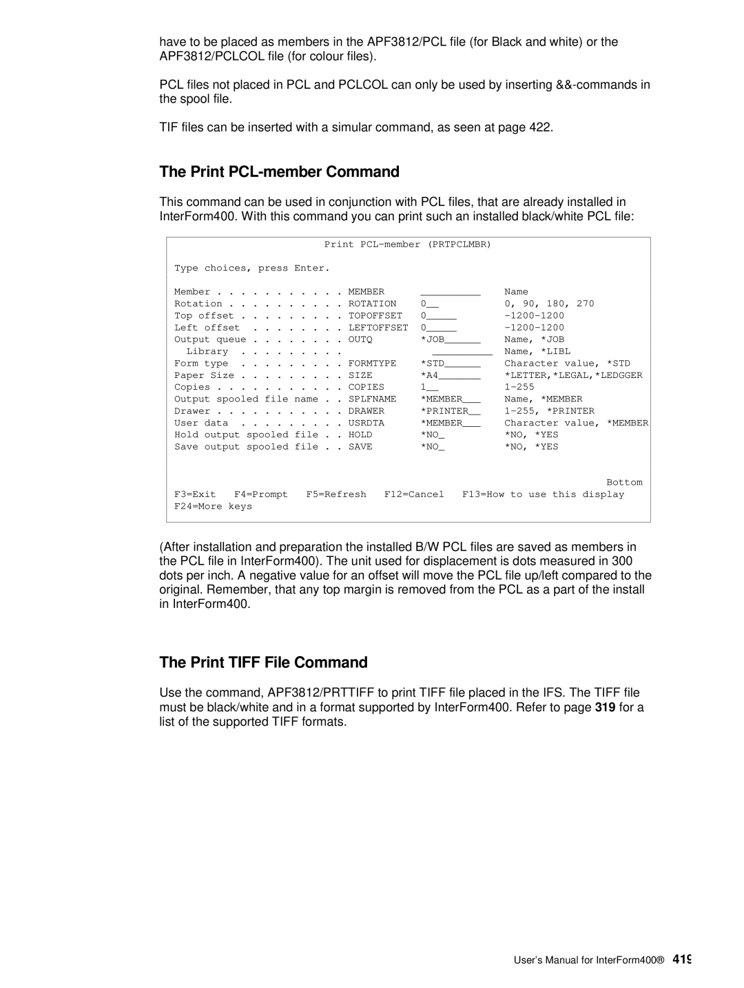 Intermate iSeries, i5, AS/400 manual Print PCL-member Command, Print Tiff File Command 