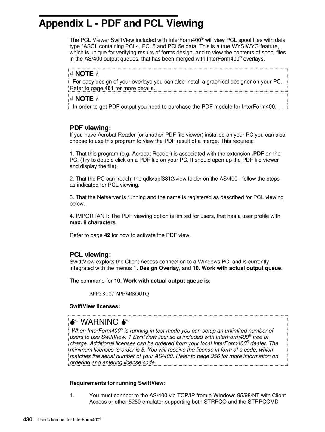 Intermate AS/400, i5, iSeries manual PCL viewing, Command for 10. Work with actual output queue is, SwiftView licenses 