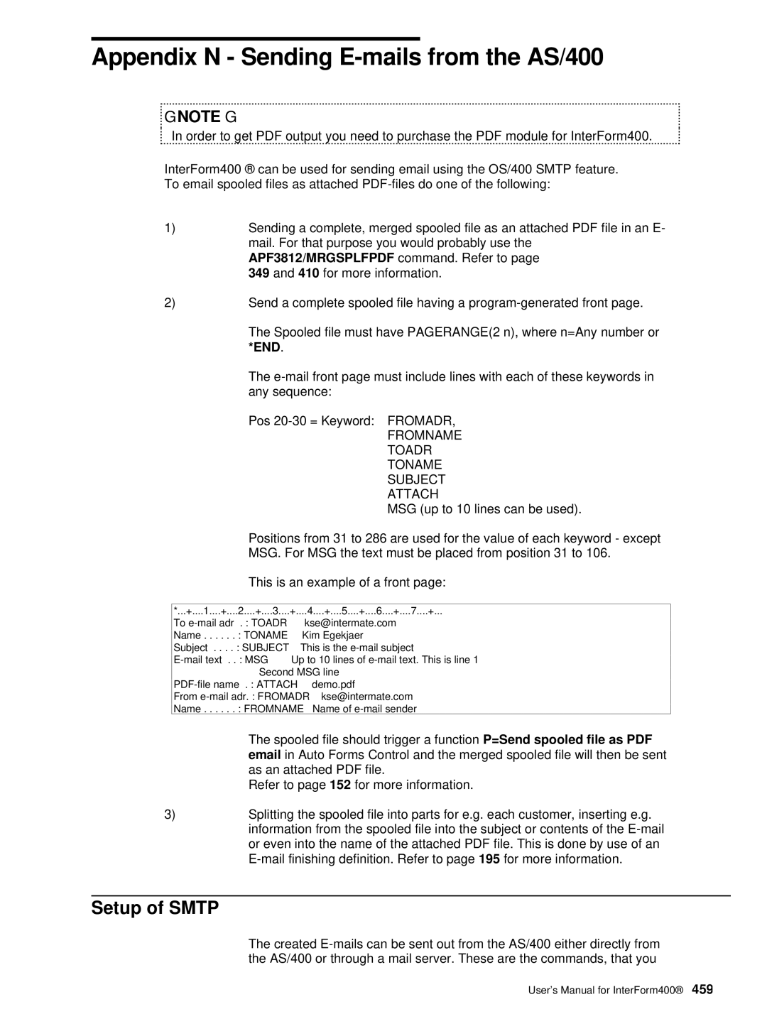 Intermate i5, AS/400, iSeries manual Setup of Smtp, End, Any sequence Pos 20-30 = Keyword 