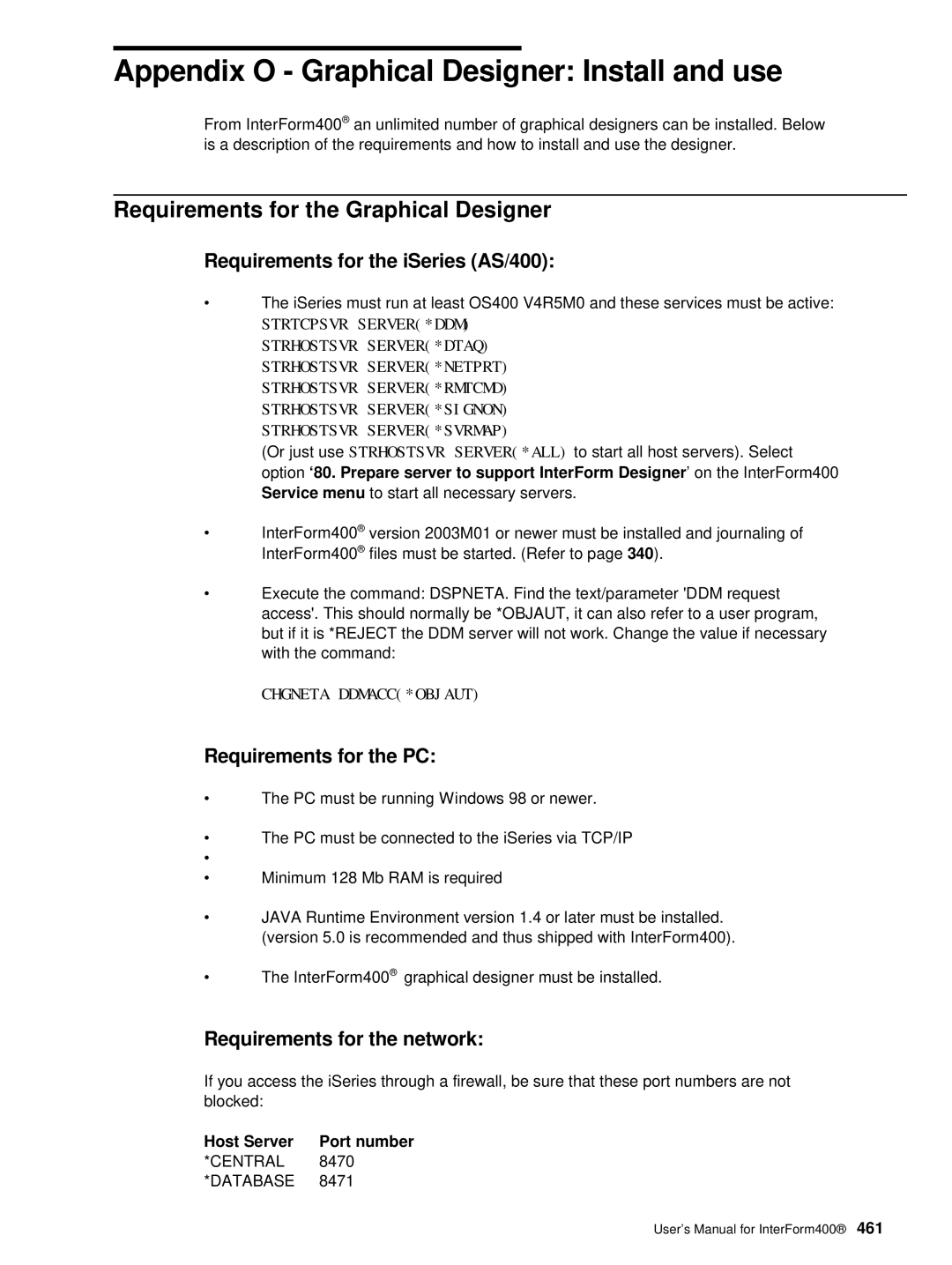 Intermate i5 Requirements for the Graphical Designer, Requirements for the iSeries AS/400, Requirements for the PC 