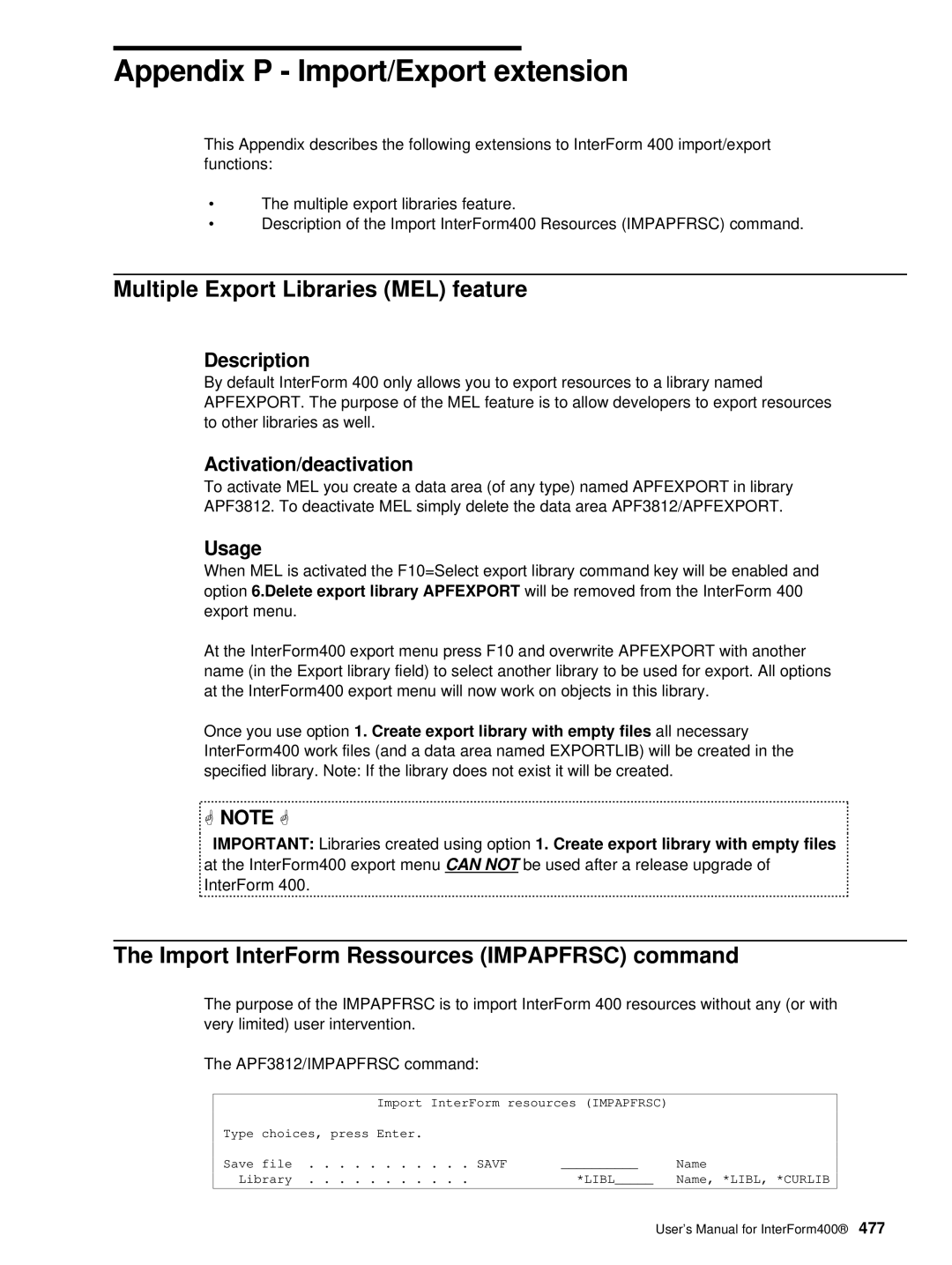 Intermate i5 Multiple Export Libraries MEL feature, Import InterForm Ressources Impapfrsc command, Description, Usage 