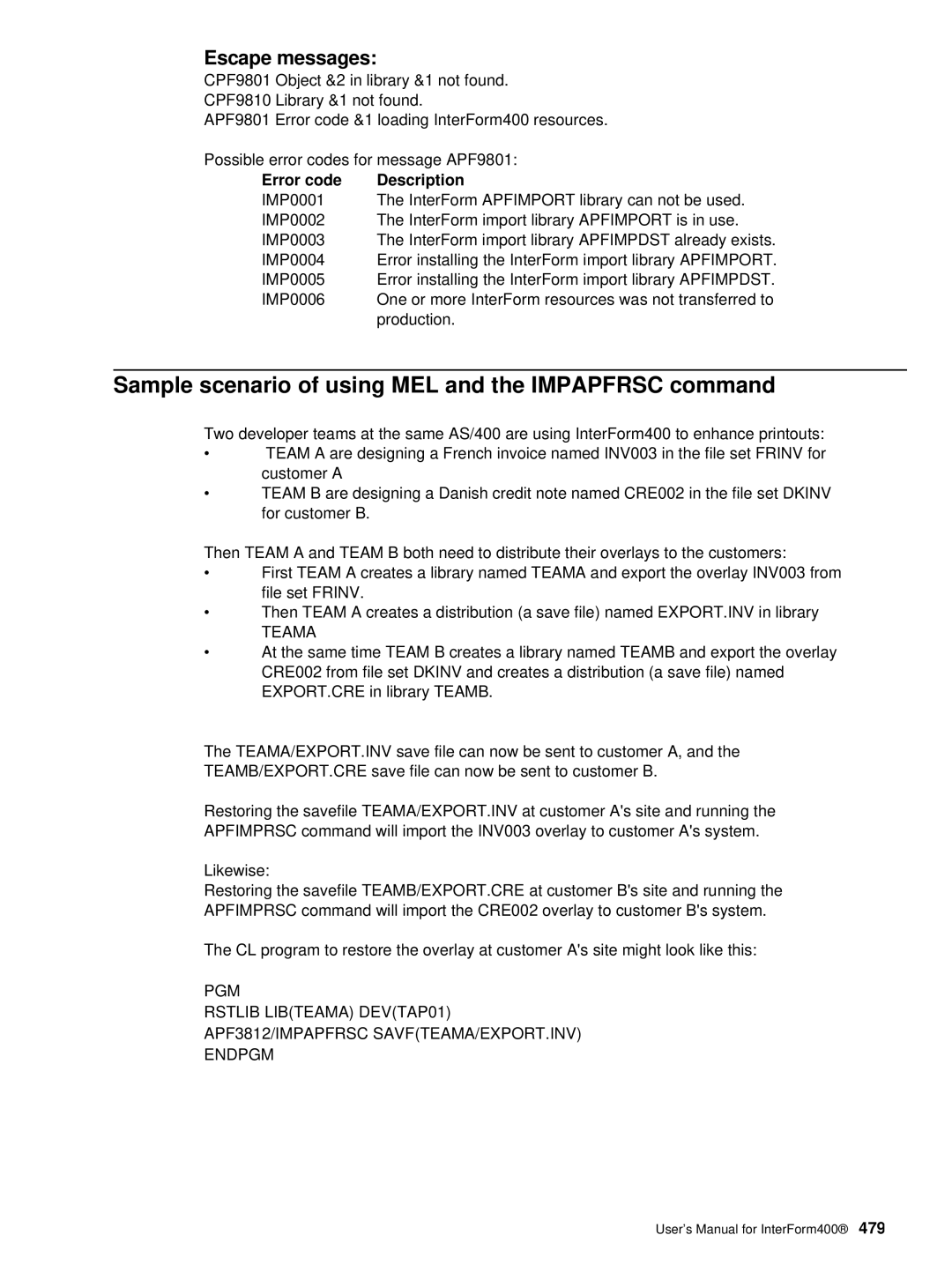 Intermate iSeries, i5 manual Sample scenario of using MEL and the Impapfrsc command, Escape messages, Error code Description 