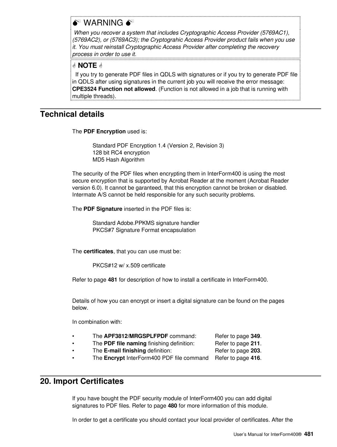 Intermate AS/400, i5, iSeries manual Technical details, Import Certificates, E-mail finishing definition, Refer to 