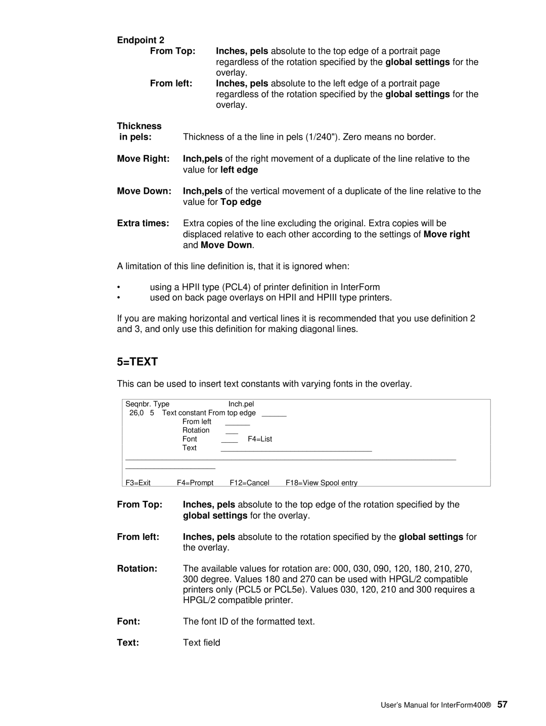 Intermate i5, AS/400 manual Global settings for the overlay From left, Rotation, HPGL/2 compatible printer, Text field 