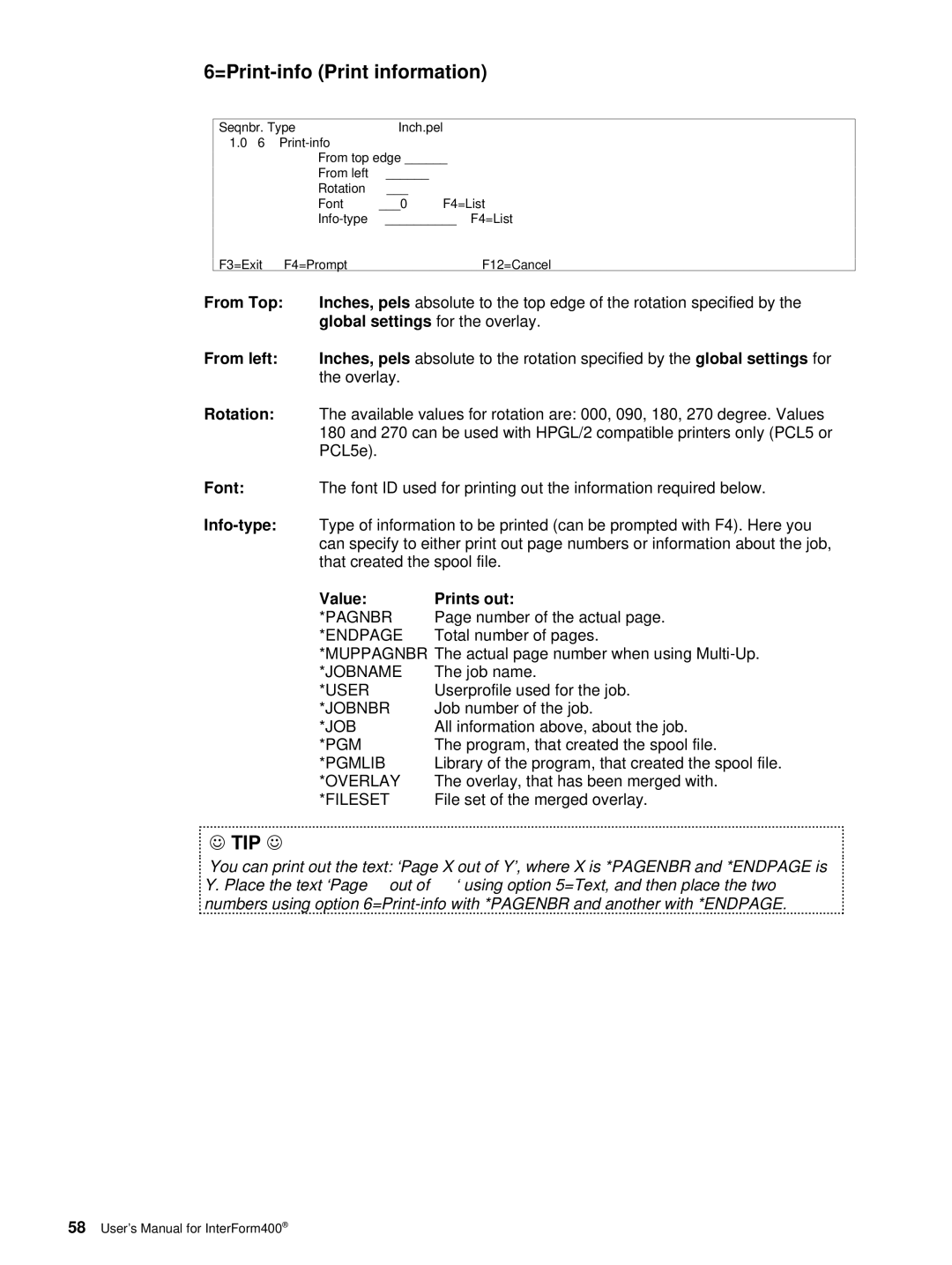 Intermate AS/400, i5, iSeries manual =Print-info Print information, Value Prints out 