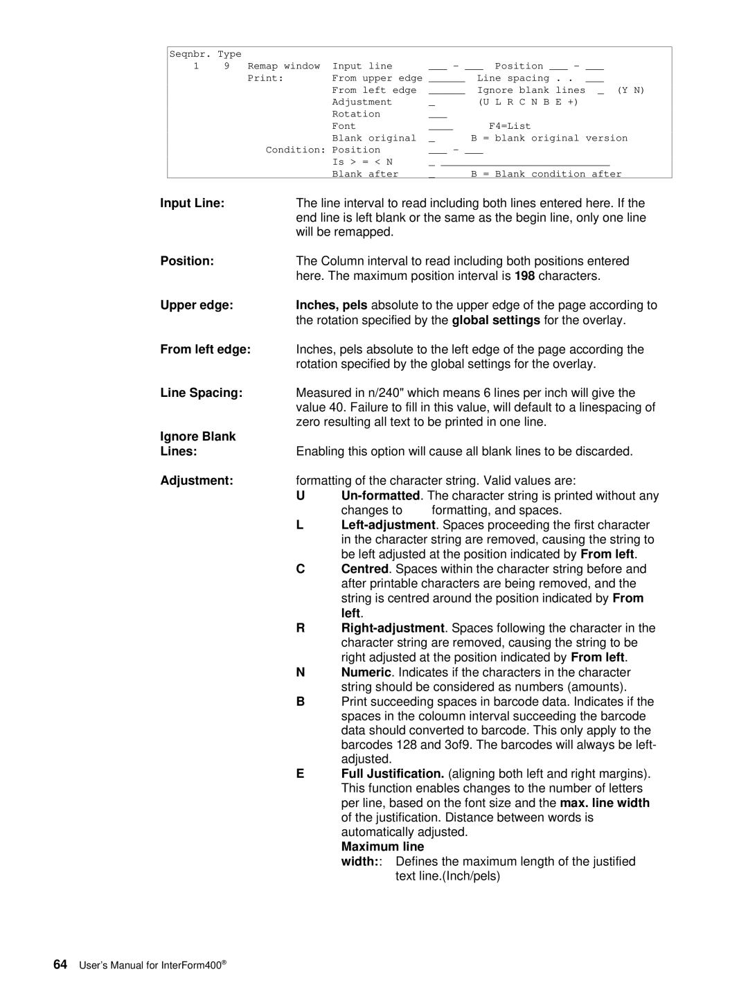 Intermate AS/400, i5, iSeries manual Upper edge, From left edge, Ignore Blank Lines, Left, Maximum line 