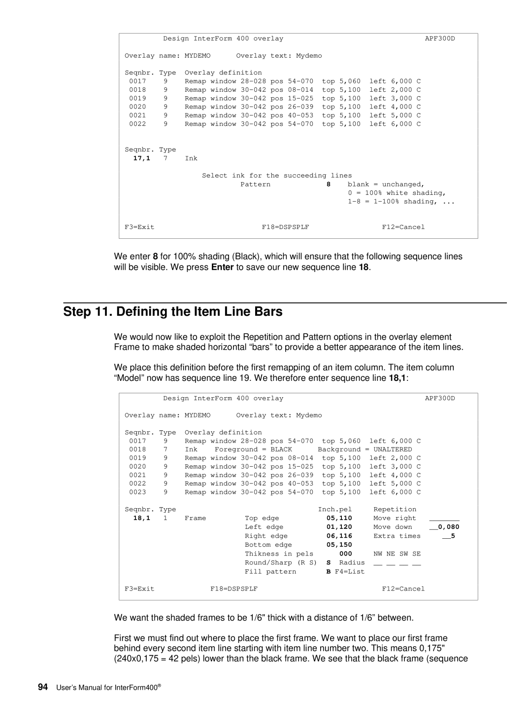 Intermate AS/400, i5, iSeries manual Defining the Item Line Bars, 17,1 7 Ink, Black, Nw Ne Sw Se 