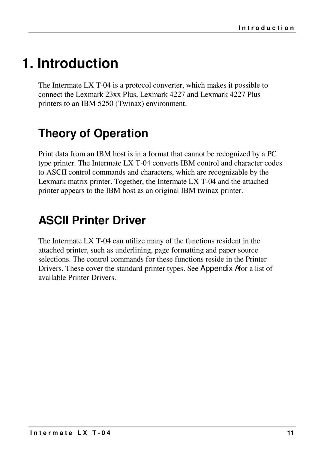 Intermate LX T-04 manual Theory of Operation, Ascii Printer Driver 