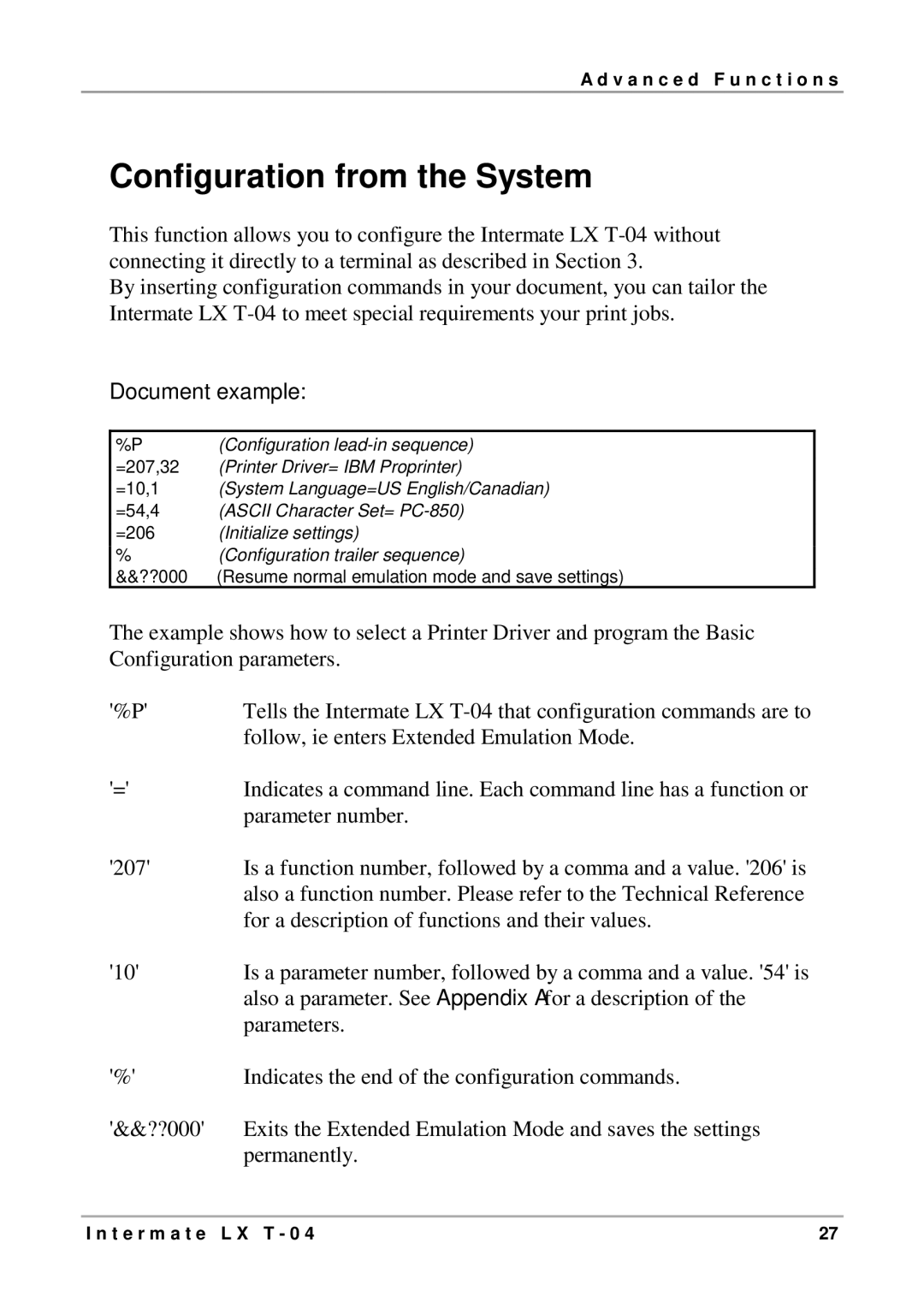 Intermate LX T-04 manual Configuration from the System, Document example 