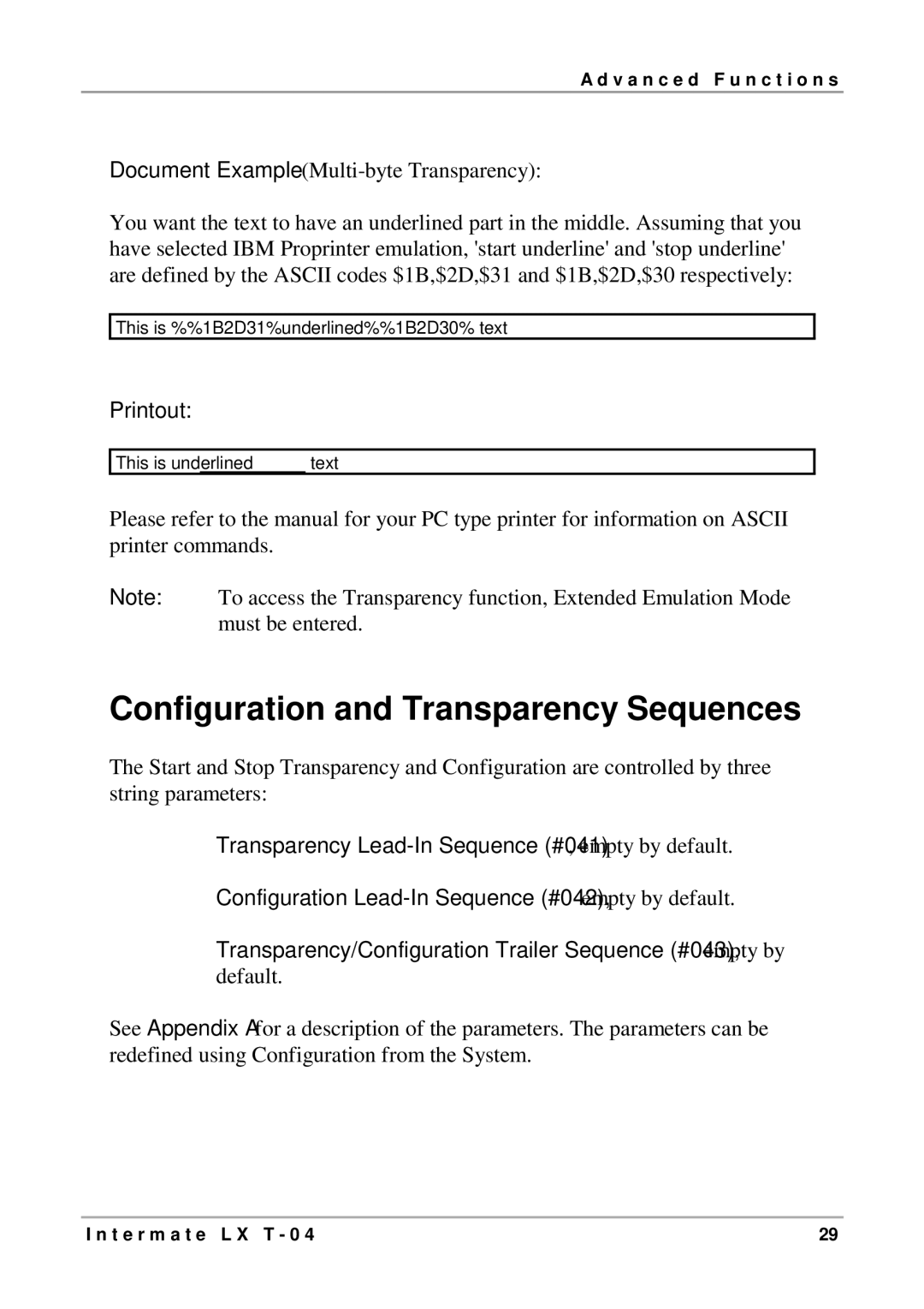 Intermate LX T-04 manual Configuration and Transparency Sequences, Printout 