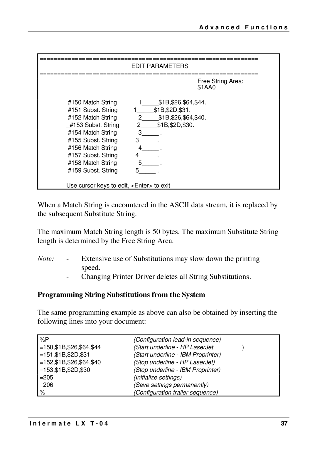 Intermate LX T-04 manual Programming String Substitutions from the System, Edit Parameters 