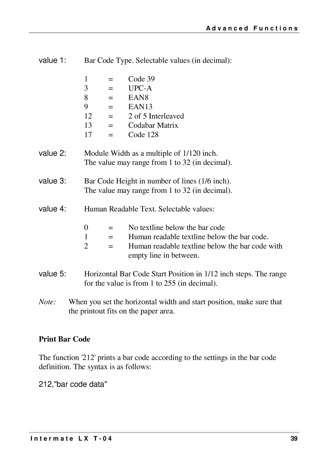 Intermate LX T-04 manual EAN13, Print Bar Code 