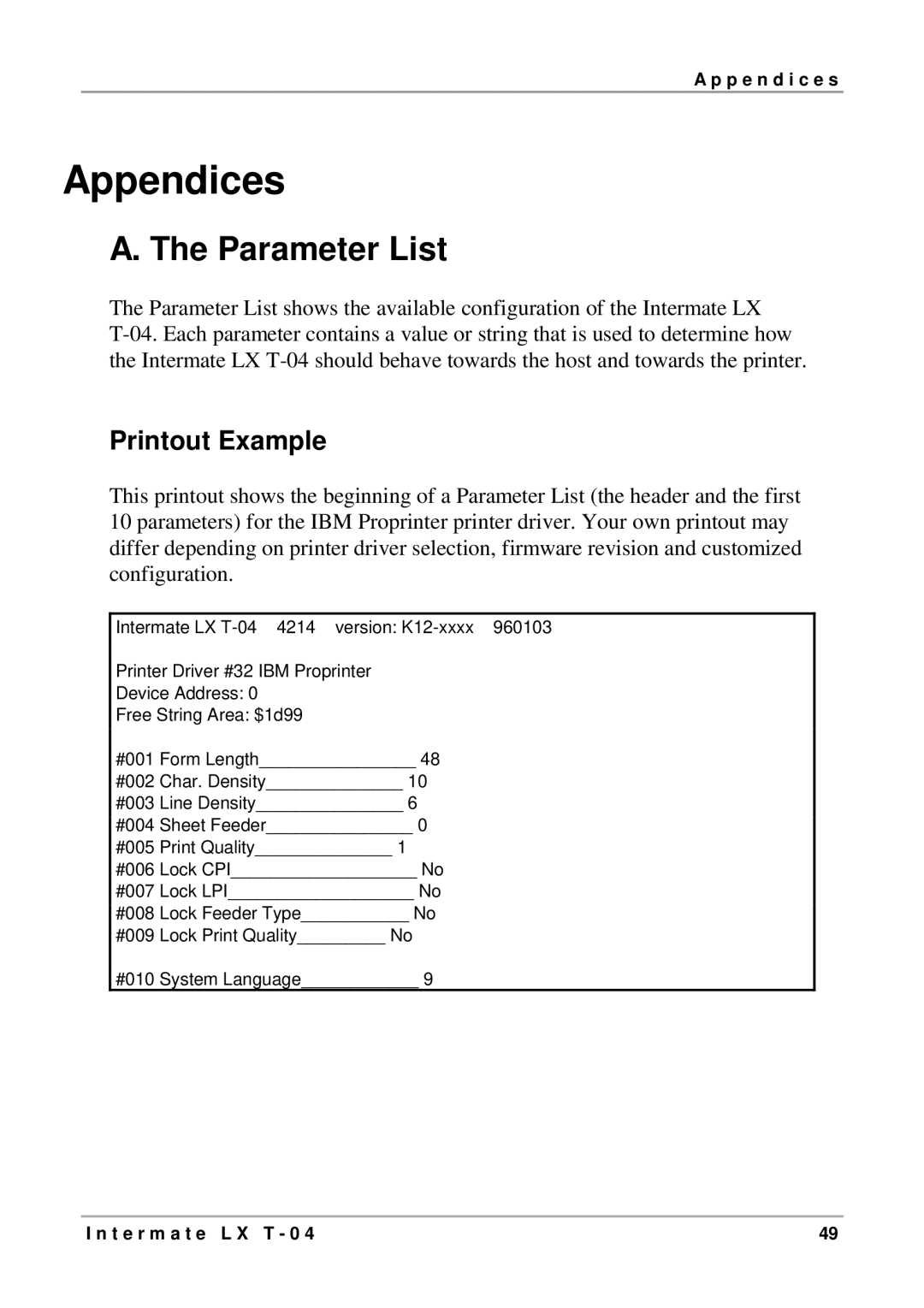 Intermate LX T-04 manual Appendices, Parameter List 