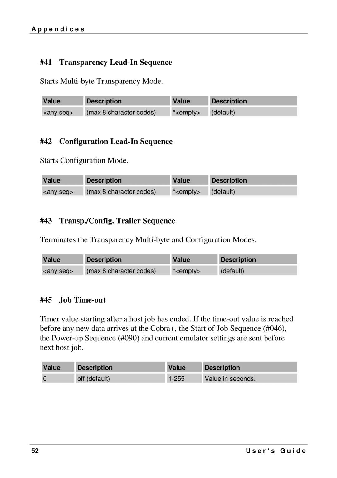 Intermate LX T-04 manual #41 Transparency Lead-In Sequence, #42 Configuration Lead-In Sequence, #45 Job Time-out 