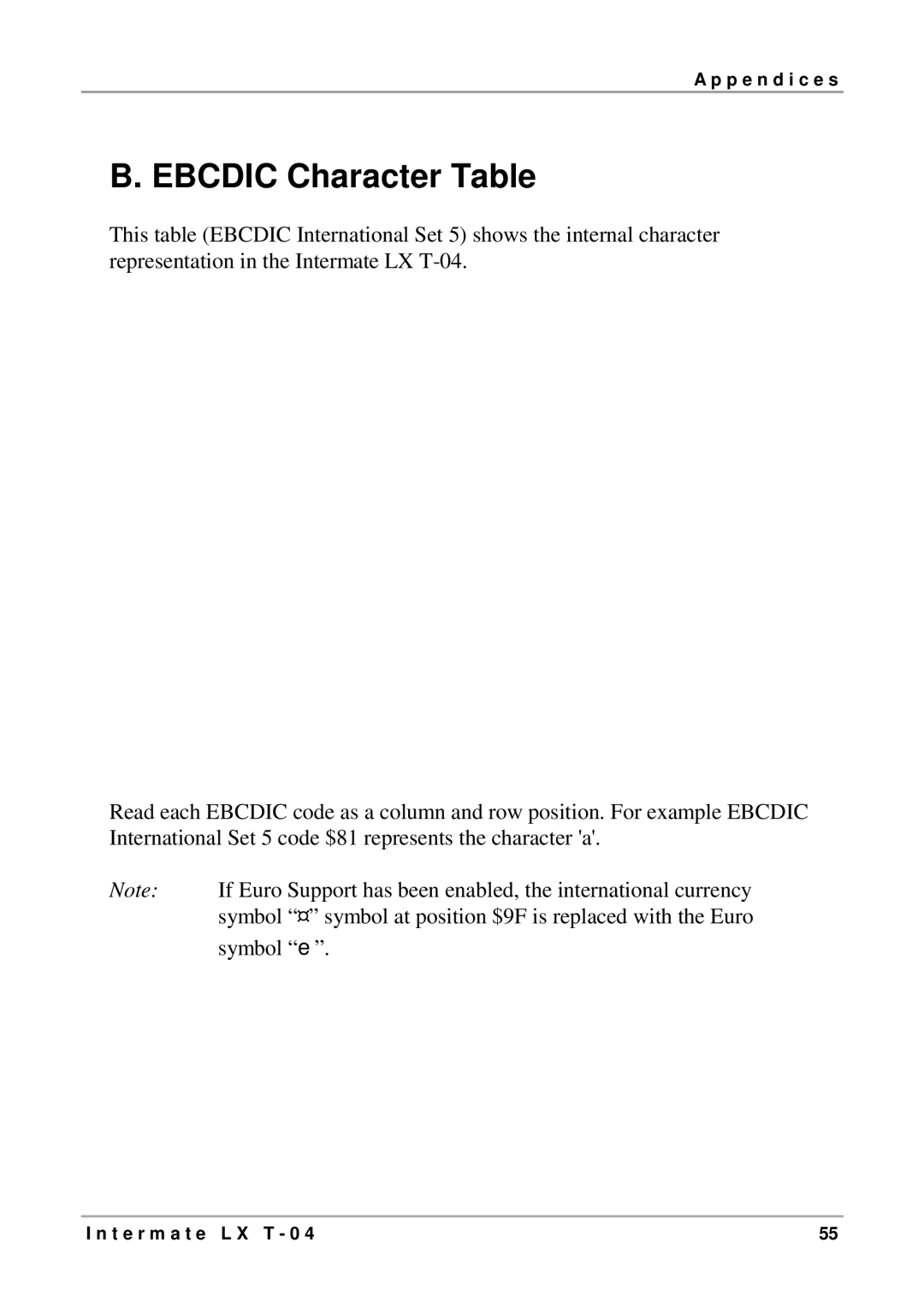 Intermate LX T-04 manual Ebcdic Character Table 