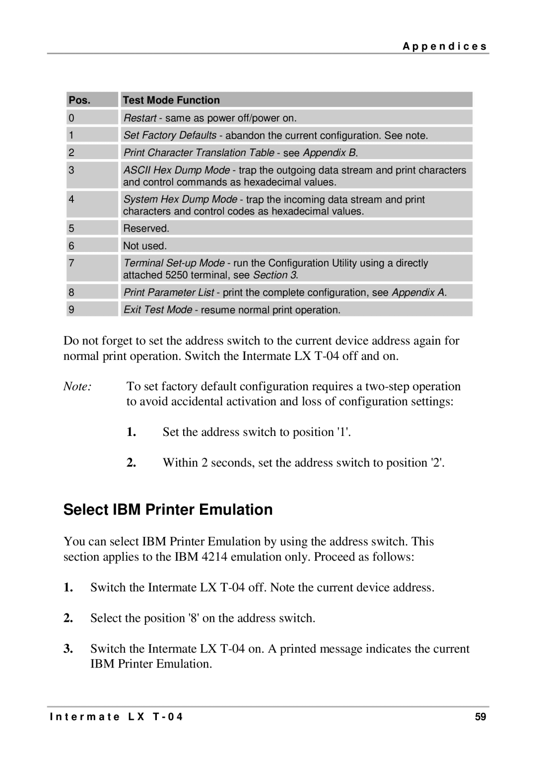 Intermate LX T-04 manual Select IBM Printer Emulation 