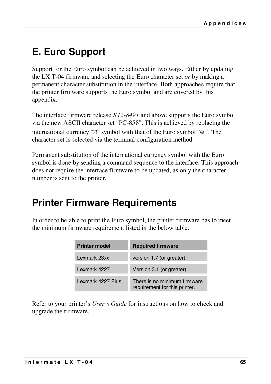 Intermate LX T-04 manual Euro Support, Printer Firmware Requirements 