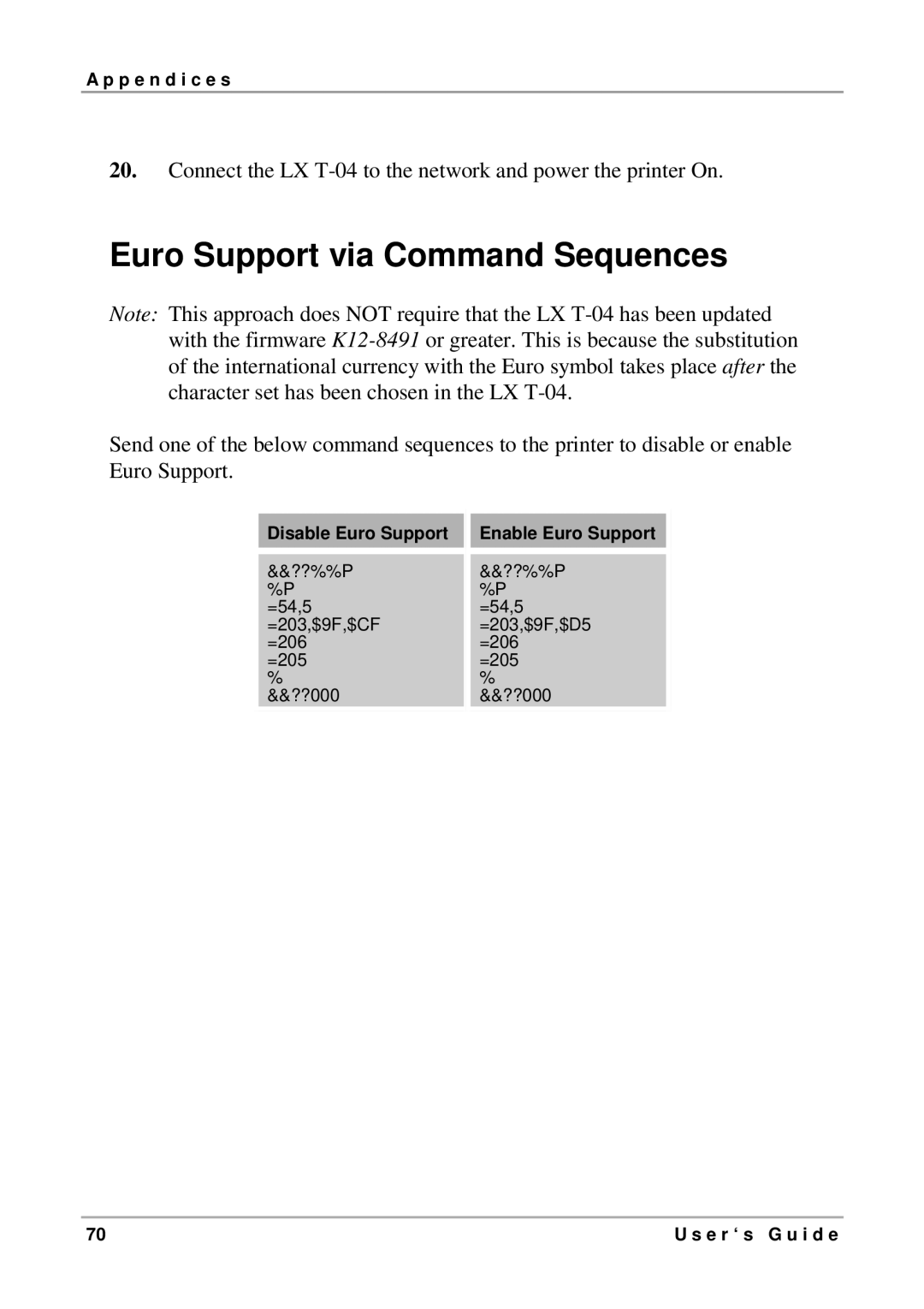 Intermate LX T-04 manual Euro Support via Command Sequences 