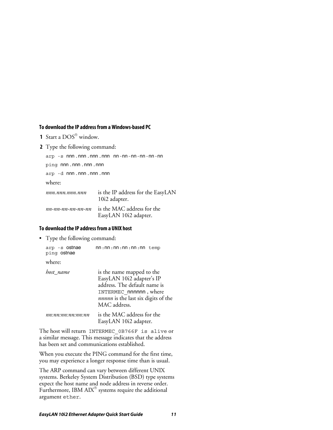 Intermec 10I2 quick start To download the IP address from a Windows-based PC, To download the IP address from a Unix host 