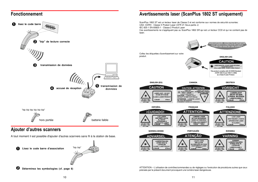 Intermec 3-235049-F1 manual Fonctionnement, Ajouter d’autres scanners, Avertissements laser ScanPlus 1802 ST uniquement 