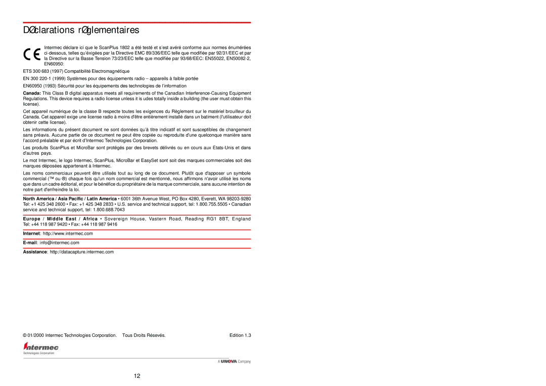 Intermec 3-235049-F1 manual Déclarations réglementaires 