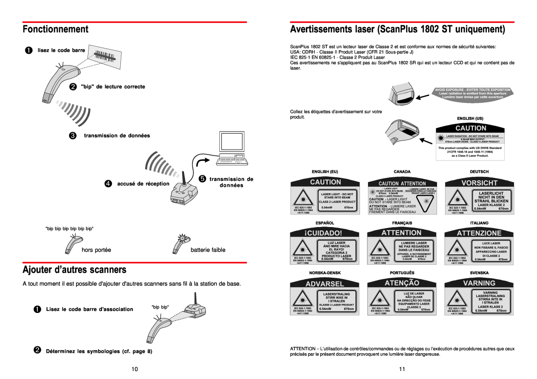 Intermec 3-235049-F1 manual Fonctionnement, Ajouter d’autres scanners, Avertissements laser ScanPlus 1802 ST uniquement 