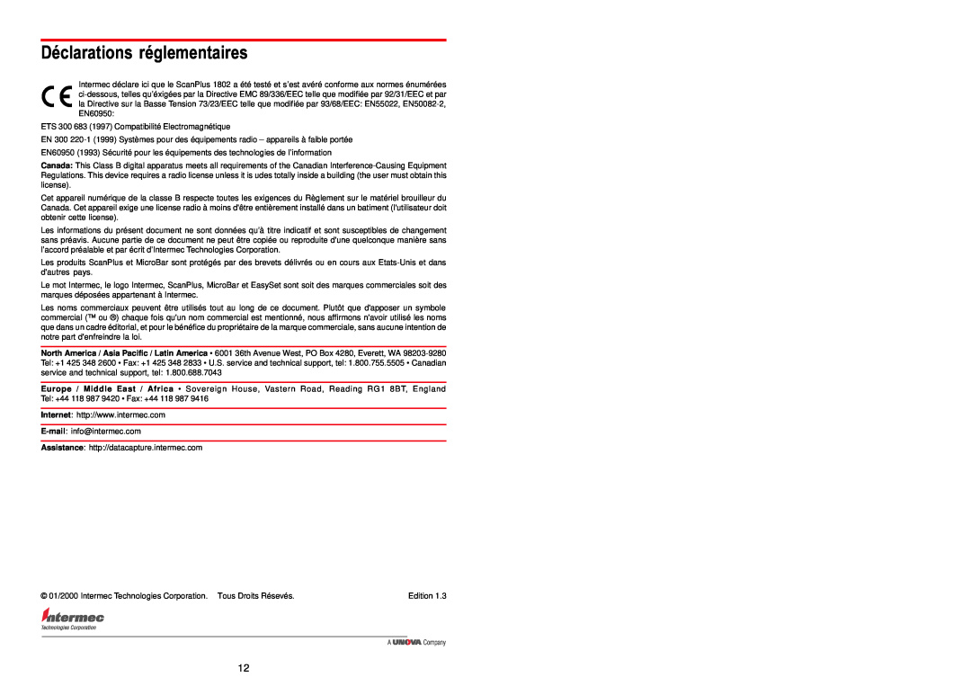 Intermec 3-235049-F1 manual Déclarations réglementaires 
