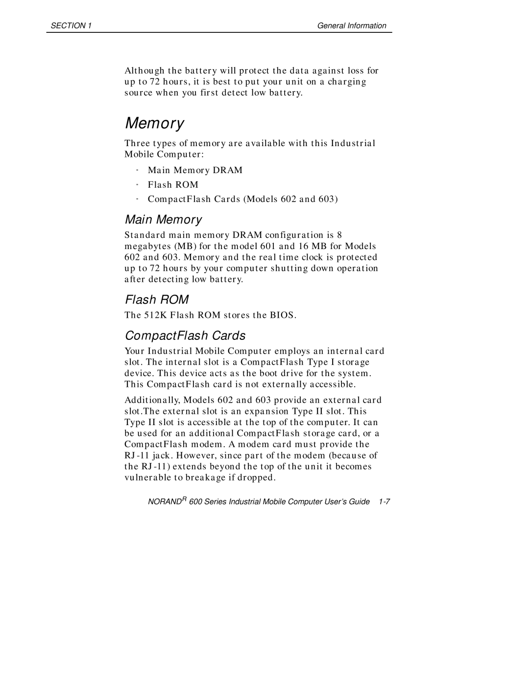 Intermec 600 manual Main Memory, Flash ROM, CompactFlash Cards 