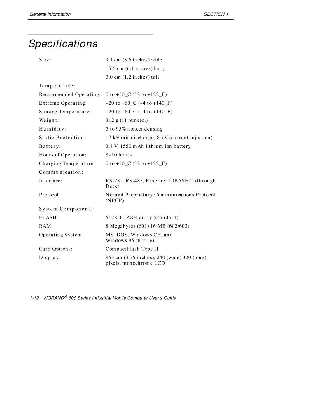 Intermec 600 manual Specifications, Temperature 