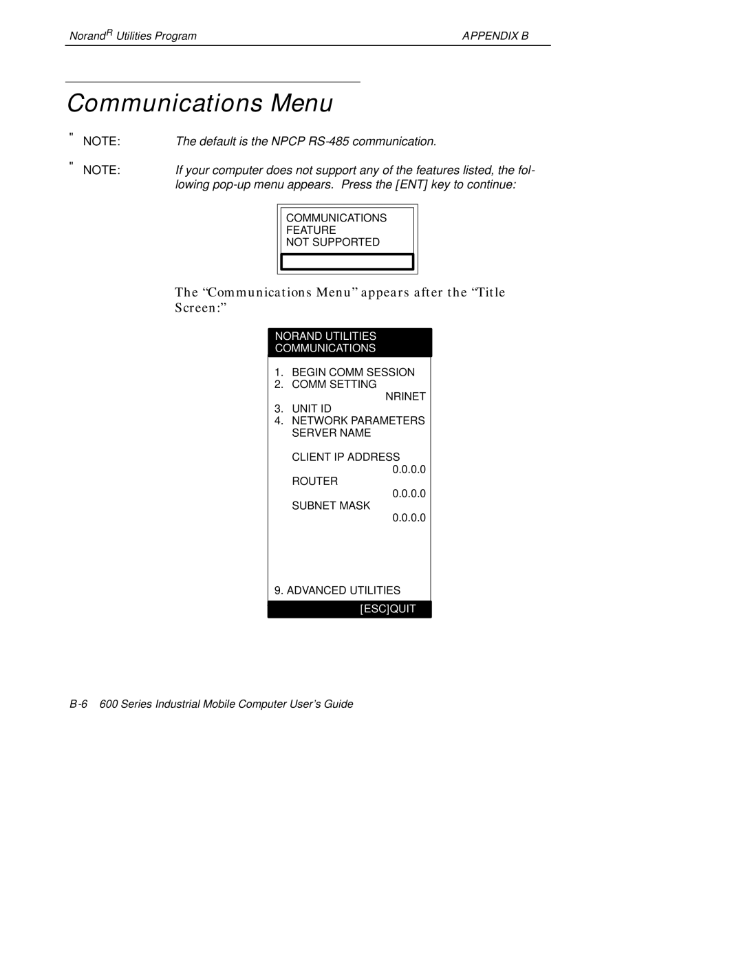 Intermec 600 manual Communications Menu appears after the Title Screen 