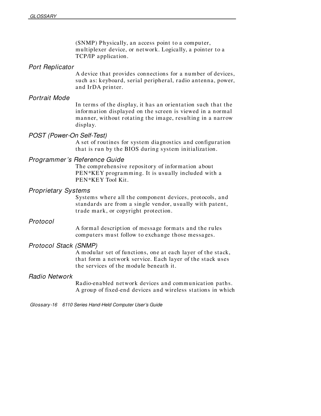 Intermec 6110 Port Replicator, Portrait Mode, Programmer’s Reference Guide, Proprietary Systems, Protocol, Radio Network 