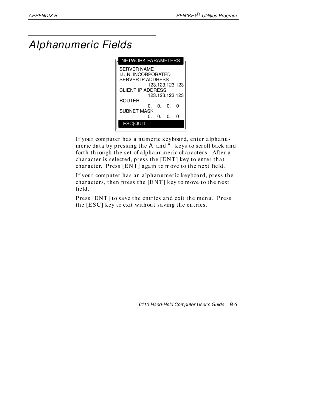 Intermec 6110 manual Alphanumeric Fields, Network Parameters 