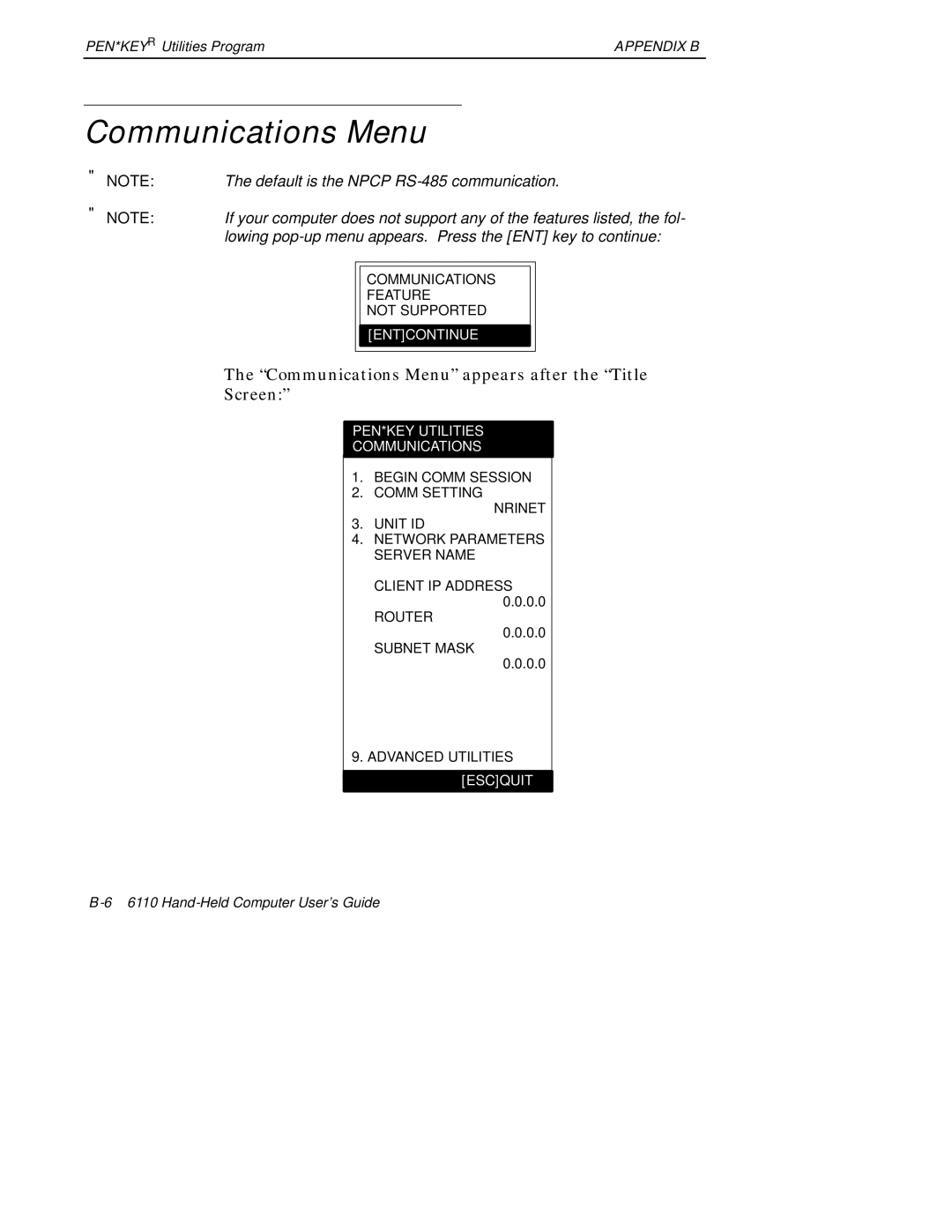 Intermec 6110 manual Communications Menu appears after the Title Screen 