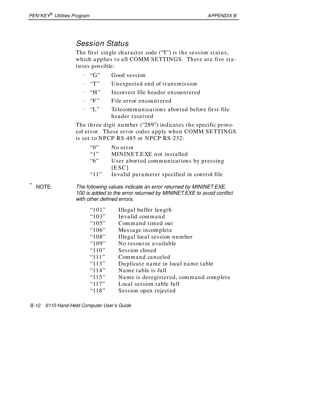 Intermec 6110 manual Session Status, Esc 