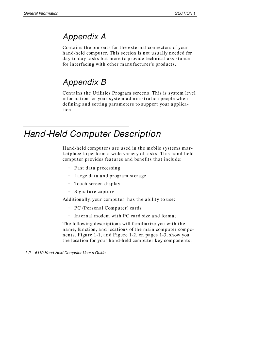 Intermec 6110 manual Hand-Held Computer Description, Appendix a, Appendix B 