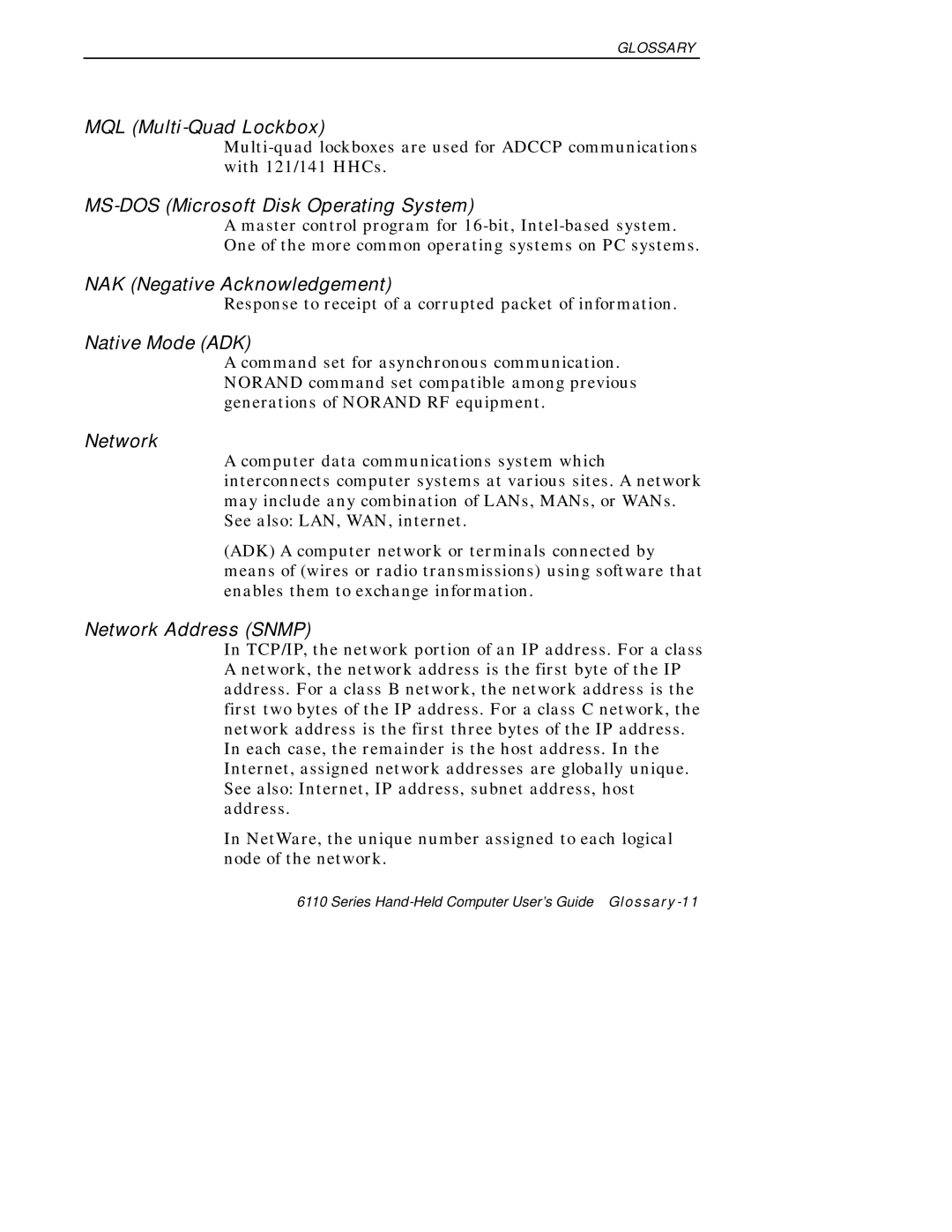 Intermec 6110 manual MQL Multi-Quad Lockbox, MS-DOS Microsoft Disk Operating System, NAK Negative Acknowledgement, Network 